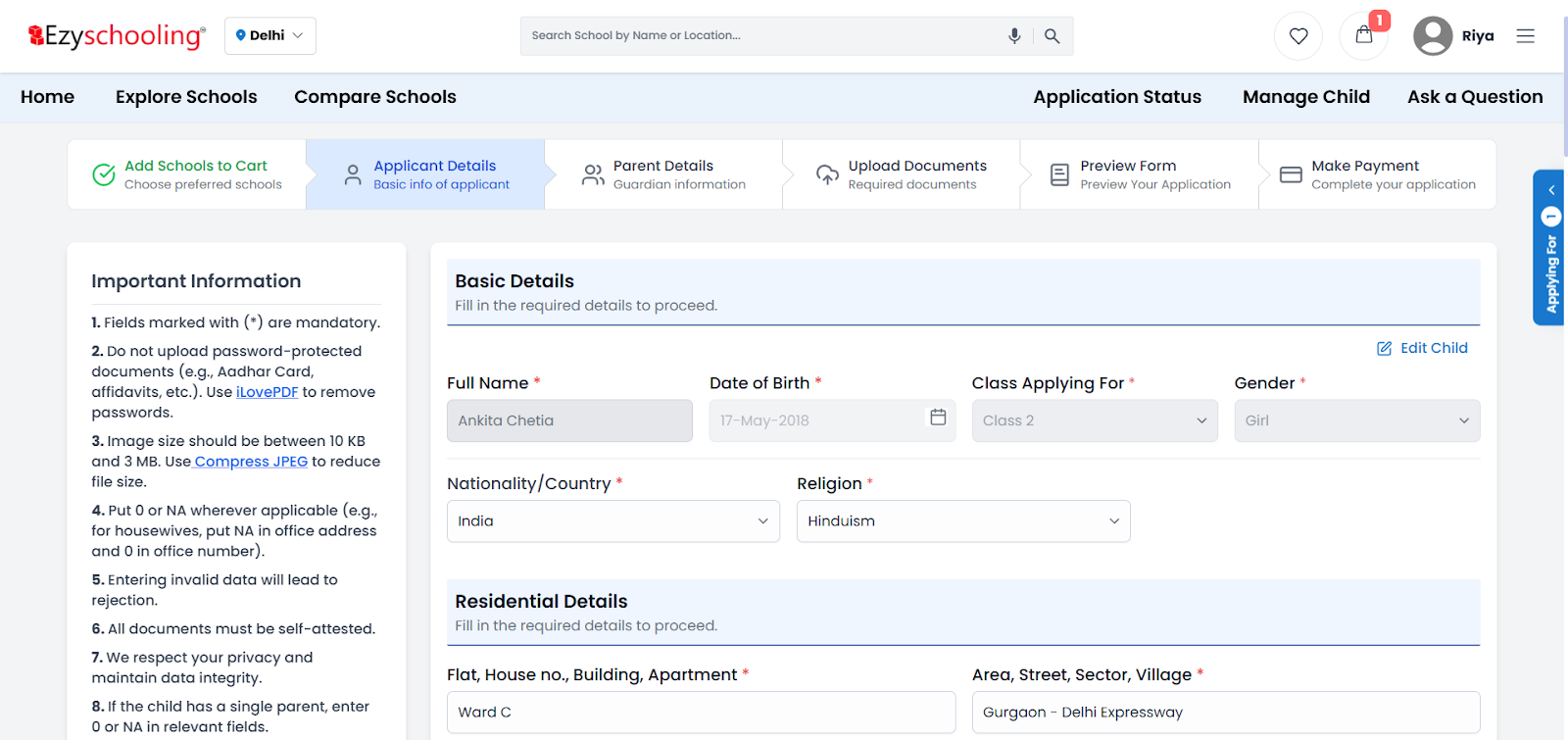 Common Application Form on ezyschooling.com